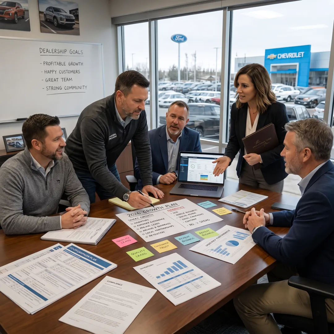 Dealership team reviewing a digital marketing campaign plan