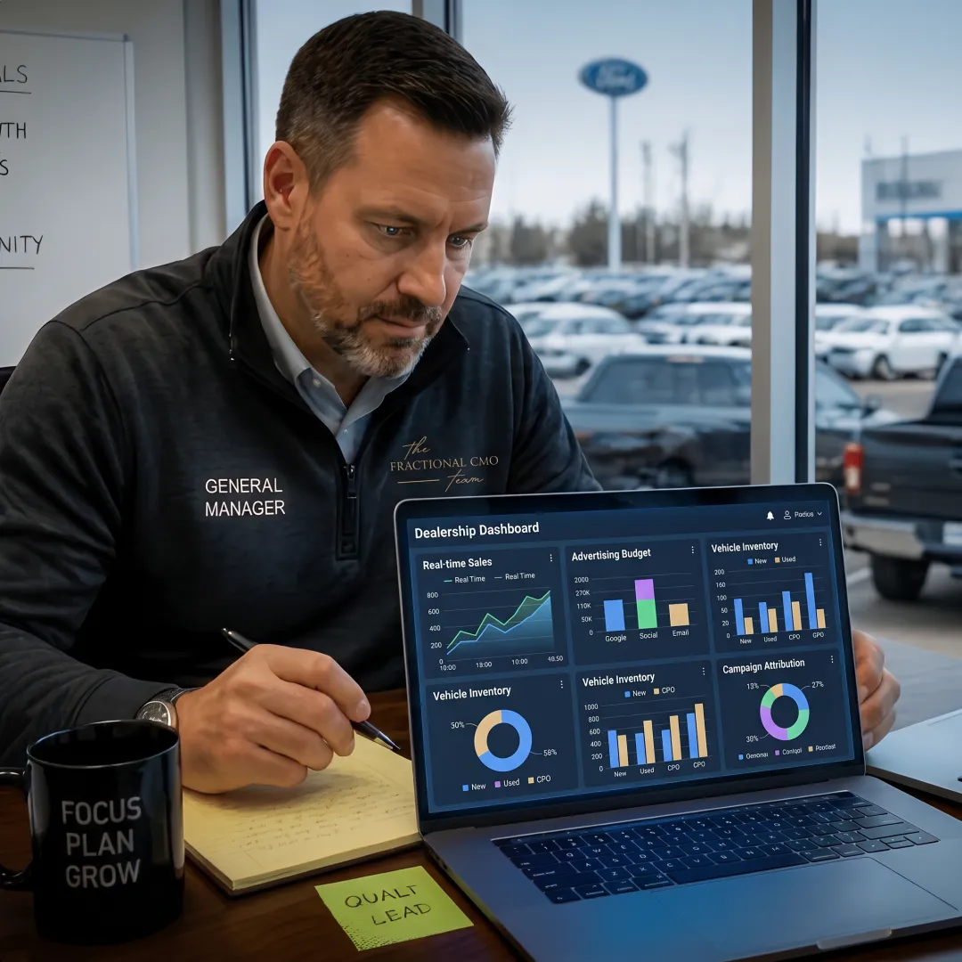 Marketing strategist reviewing dealership campaign data