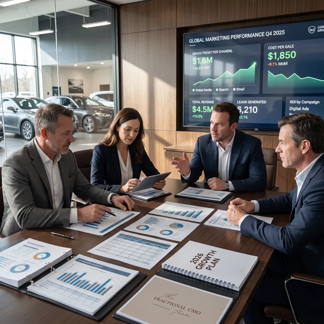 Dealership executives planning a data-driven marketing strategy