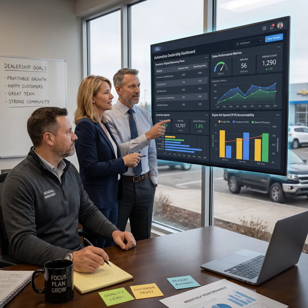Dealership executives reviewing a unified marketing plan