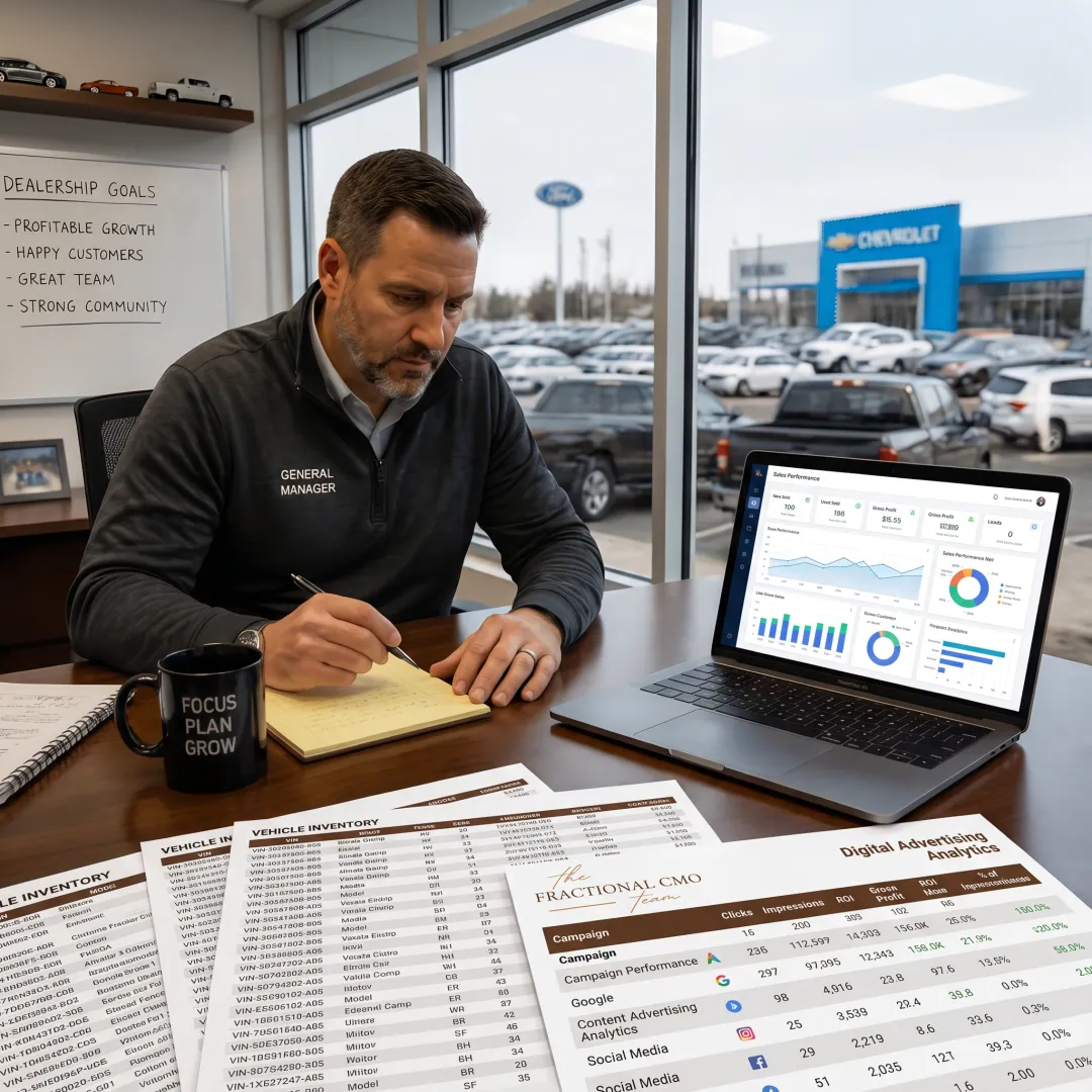 Dealership marketing strategy meeting with performance dashboard