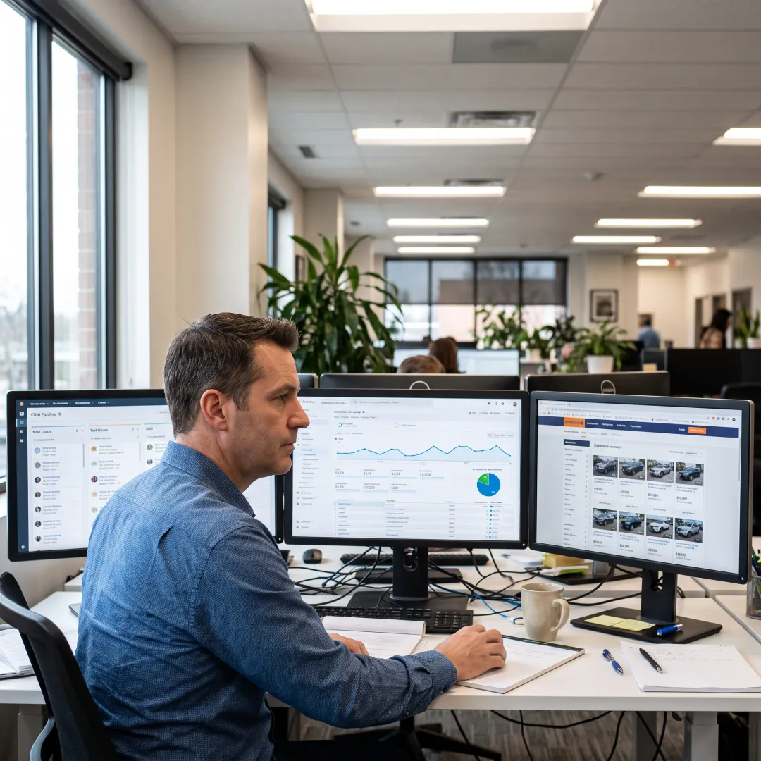 Dealership marketing strategist analyzing advertising and inventory data