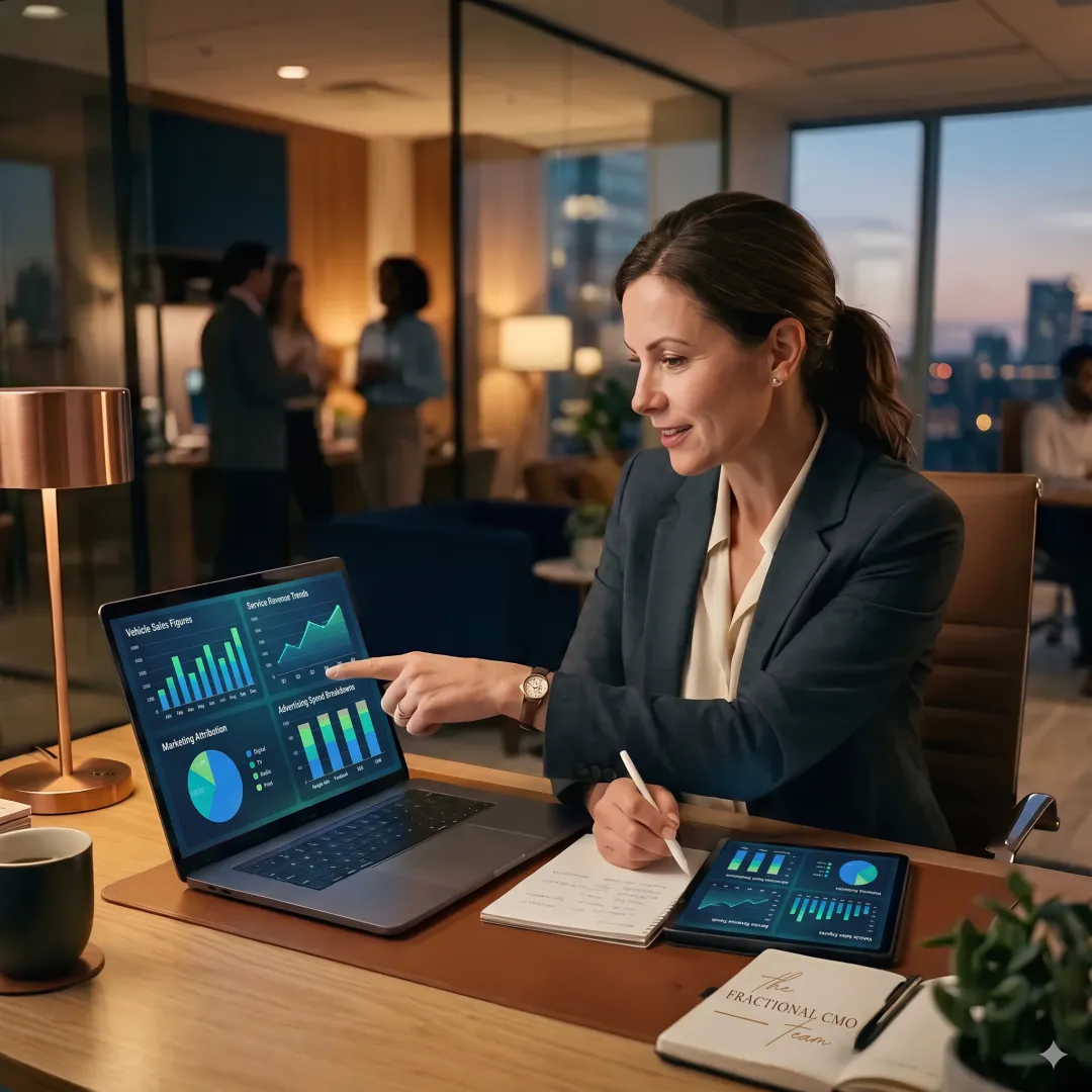 Dealership executive reviewing marketing performance dashboard