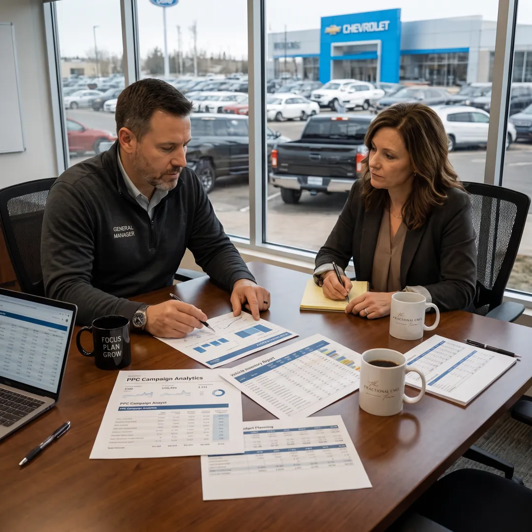 Dealership team reviewing paid advertising data