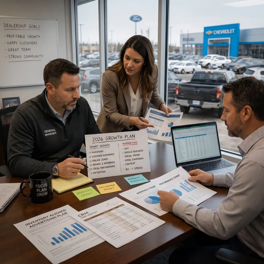 Dealership leaders reviewing an automotive marketing strategy