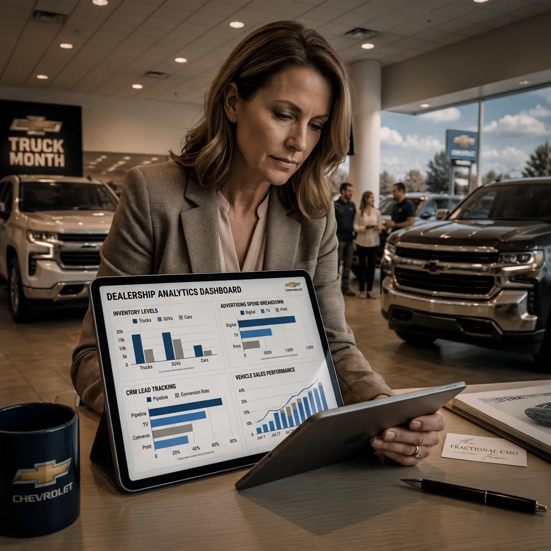 Automotive marketing strategist analyzing dealership metrics