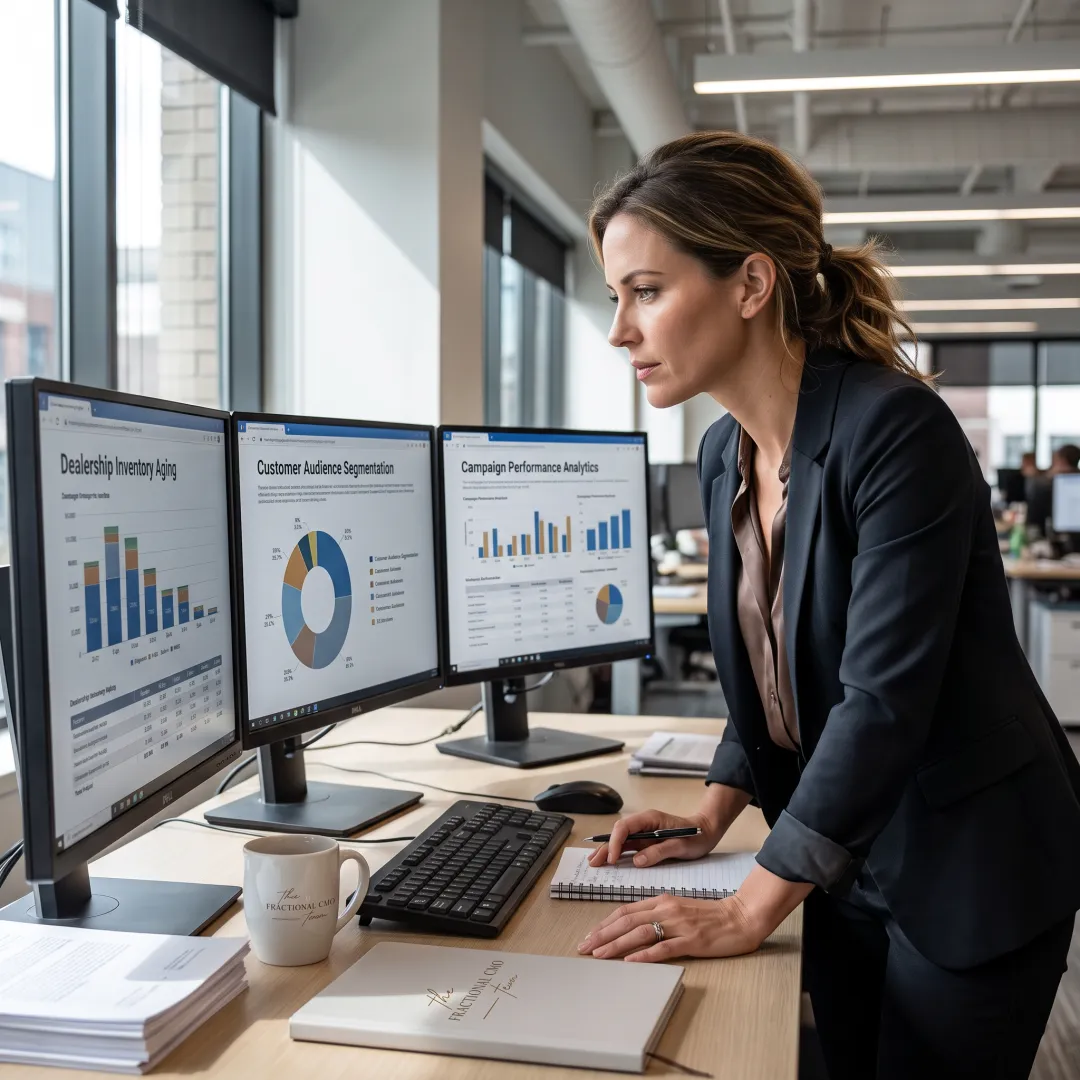 Dealership strategist reviewing inventory and campaign analytics