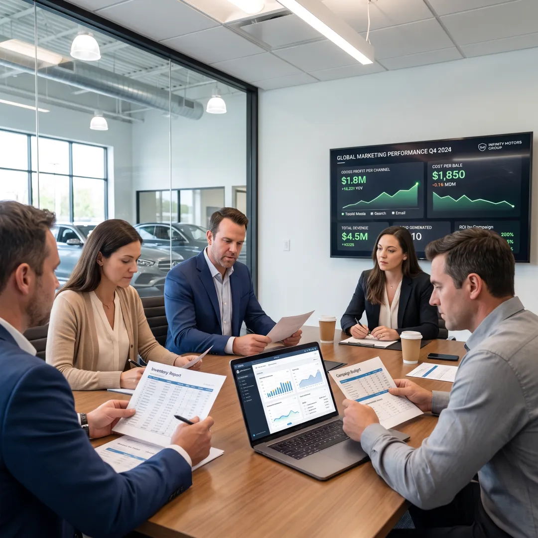 Dealership marketing team analyzing campaign data
