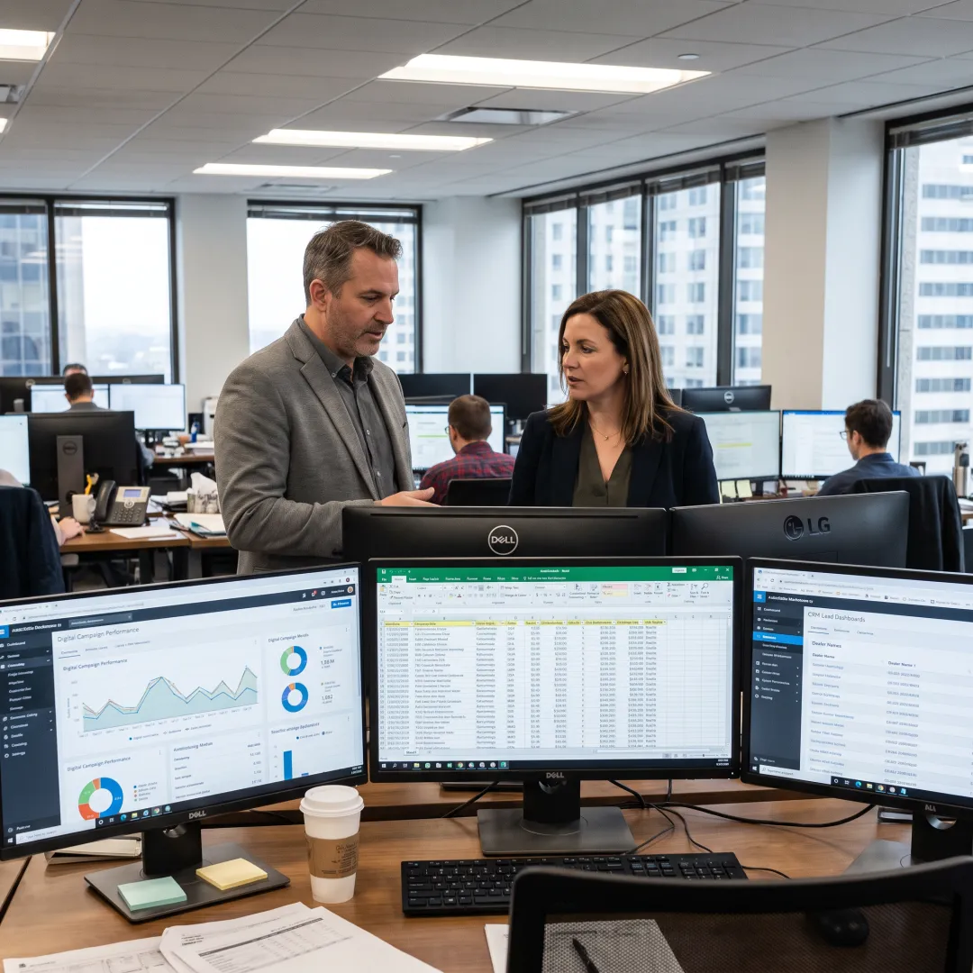 Dealership marketing team analyzing inventory and advertising results