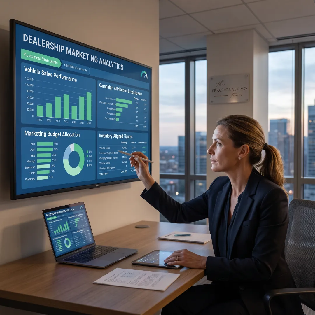 Marketing strategist presenting dealership performance data