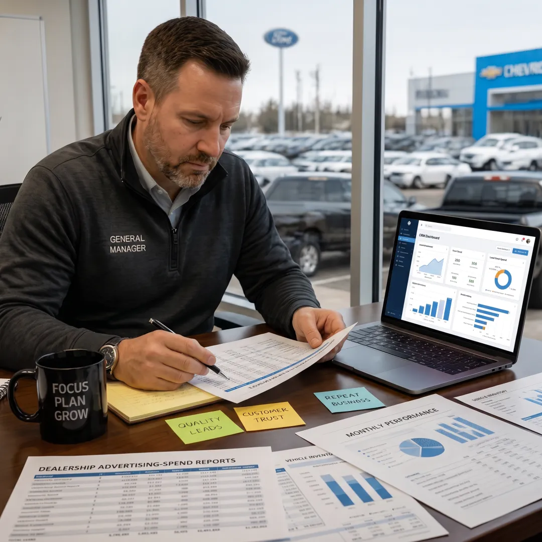 Consultant analyzing automotive dealership marketing performance