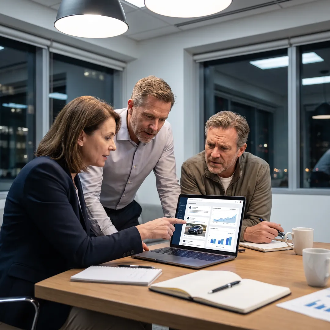 Dealership team analyzing competitive social media performance