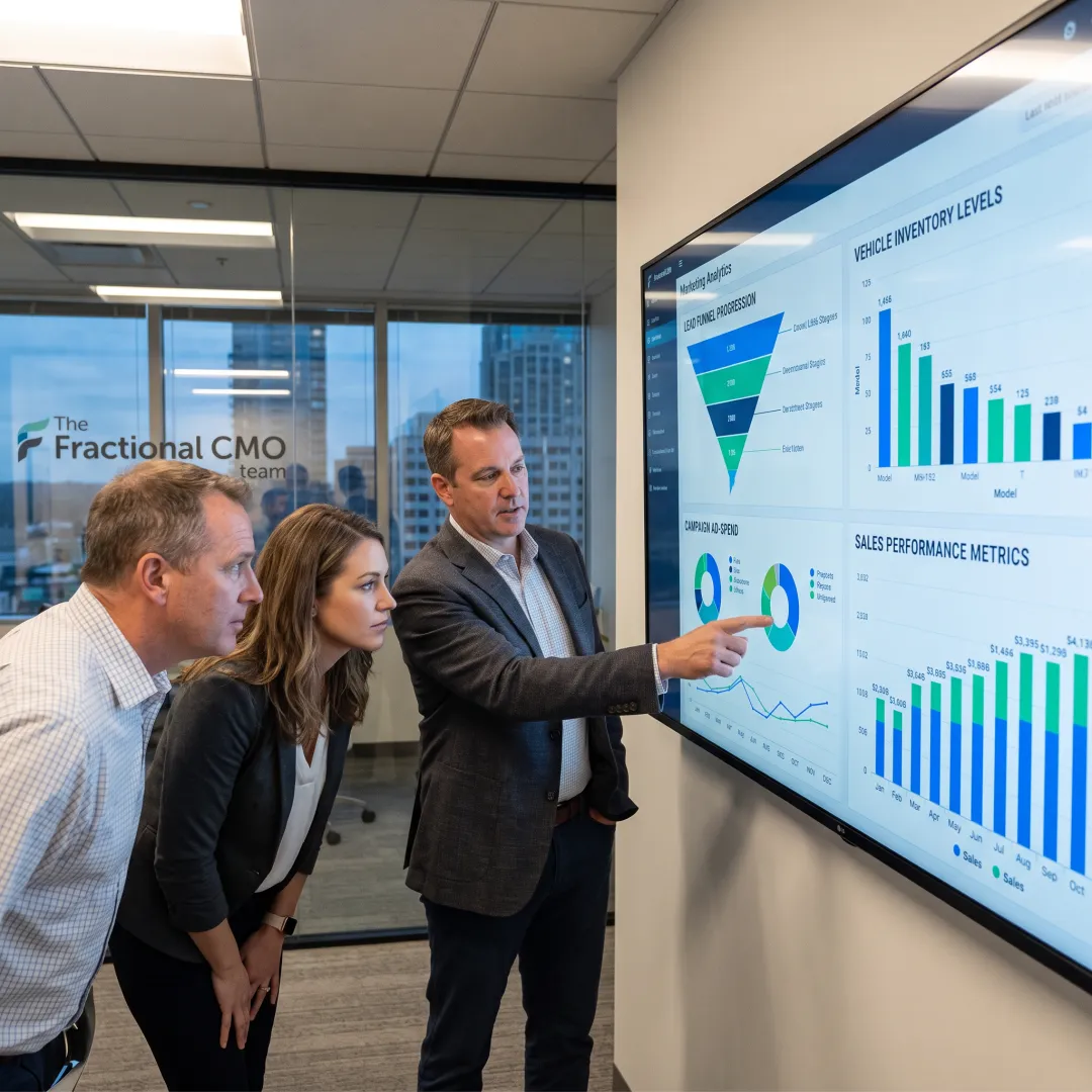 Dealership team analyzing sales and marketing data
