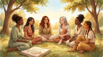 Diverse circle of women in supportive healing community group session outdoors