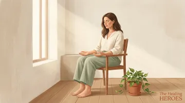 Woman practicing mindful breathing grounding exercise in calm quiet indoor setting