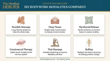 Six bodywork modalities comparison chart from Swedish massage to Rolfing