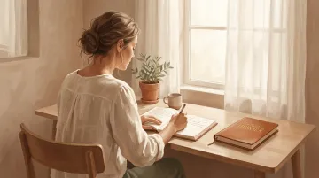 Woman journaling reflectively at quiet desk representing inner critic awareness and self-compassion practice