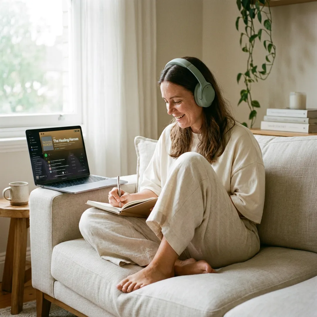 Woman listening to a wellness podcast