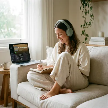 Woman listening to a wellness podcast