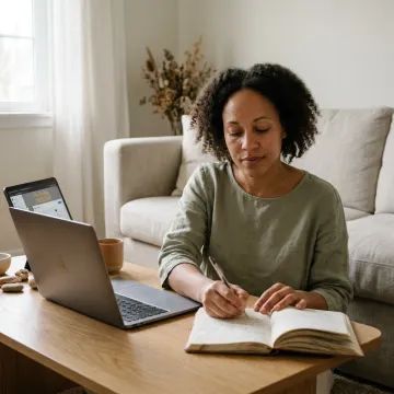 Woman journaling during a virtual wellness consultation