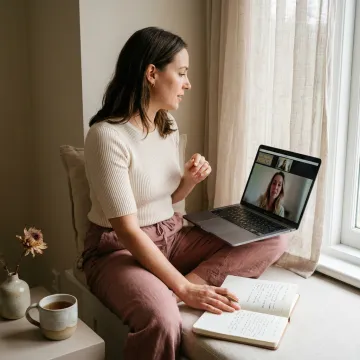Woman in calm virtual wellness consultation