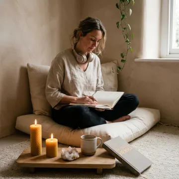 Woman in a peaceful healing space reflecting on inner child work