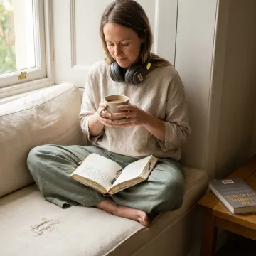 Woman resting with journal and headphones
