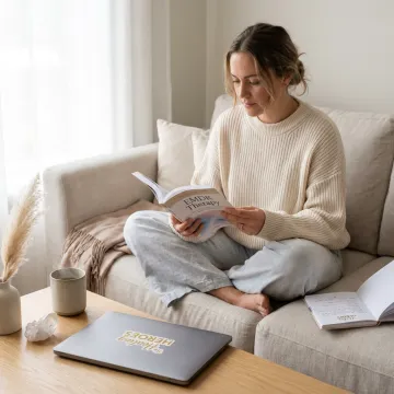 Woman learning about EMDR therapy at home