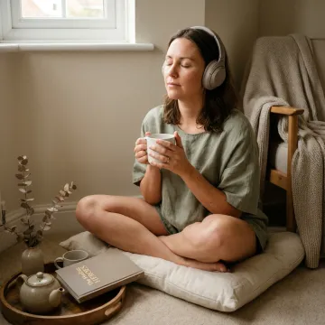Woman listening to a mental health podcast