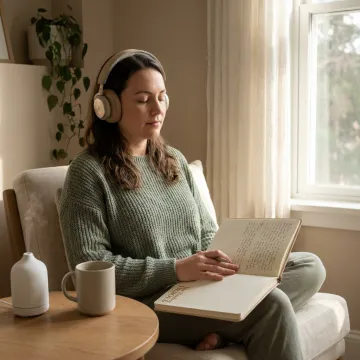 Woman listening to a mental health podcast