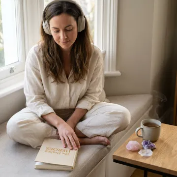 Woman listening to a spiritual wellness podcast