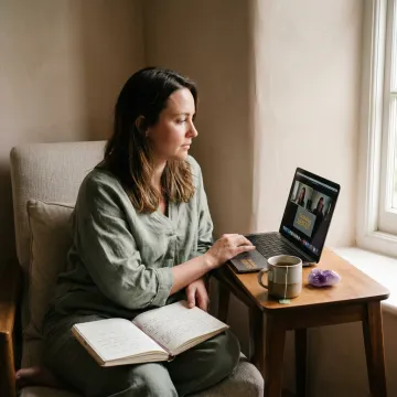 Woman reflecting during a virtual healing consultation
