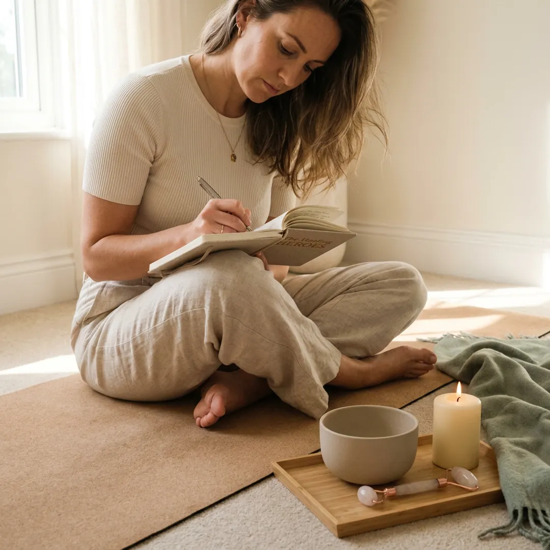 Woman practicing holistic wellness with calming bodywork tools