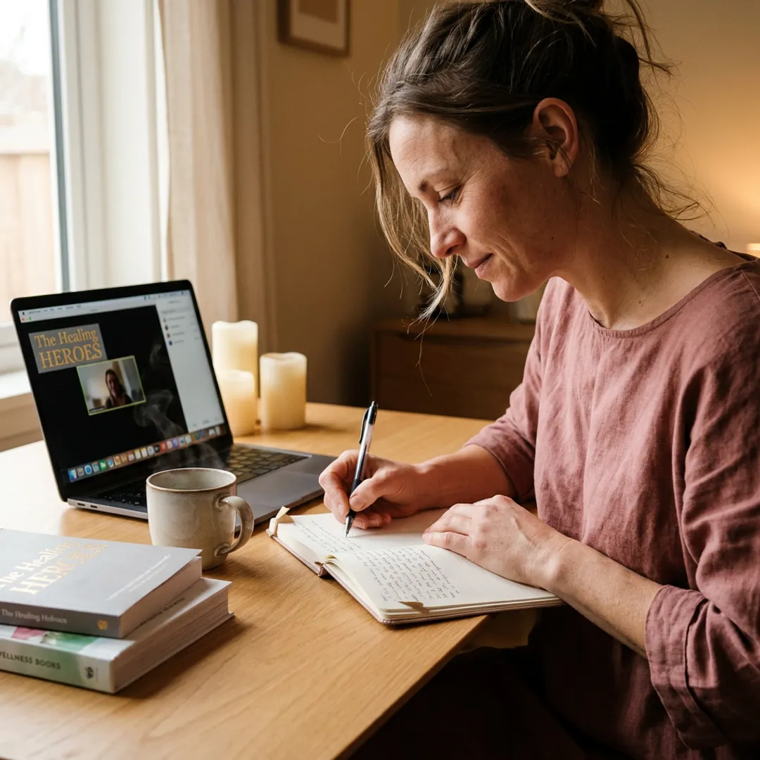 Woman reflecting during an online wellness consultation