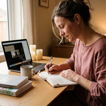 Woman reflecting during an online wellness consultation