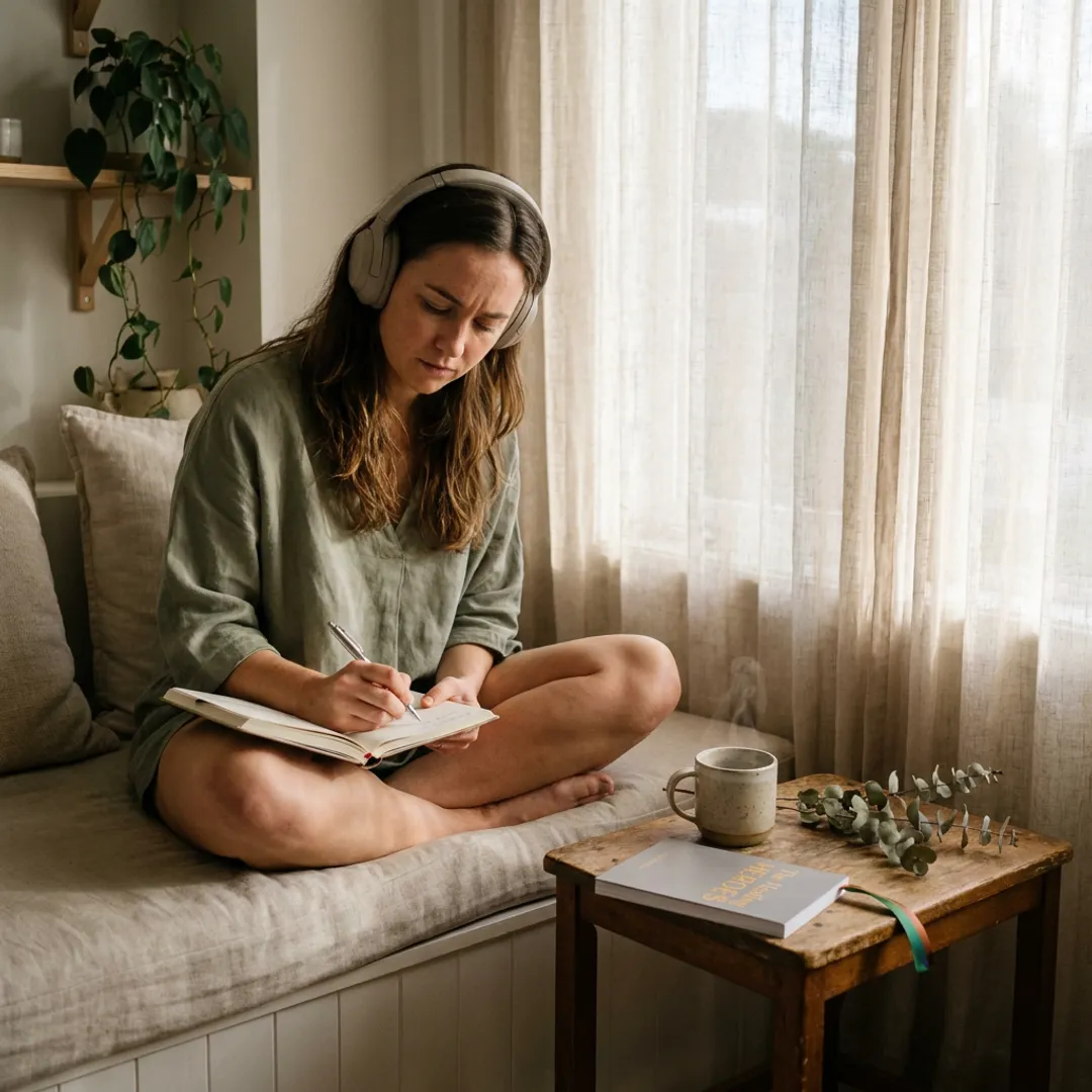 Woman journaling while listening to trauma healing guidance