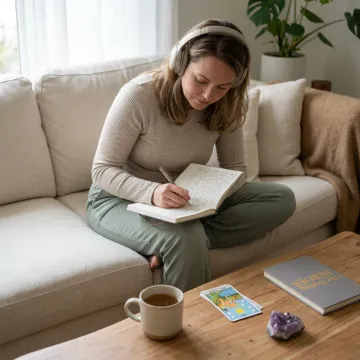 Woman receiving trauma support through guided wellness resources