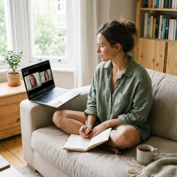Woman receiving online anxiety consultation at home