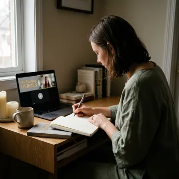 Woman journaling during a calming virtual wellness session