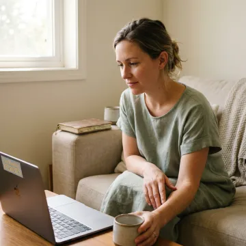 Woman in calm virtual trauma healing consultation