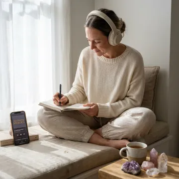 Woman listening to healing podcast with headphones