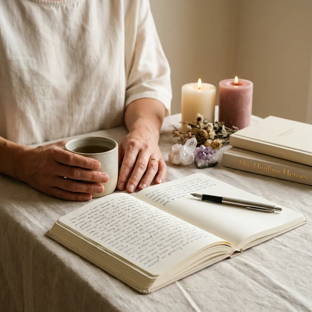 Woman journaling with candles and wellness tools