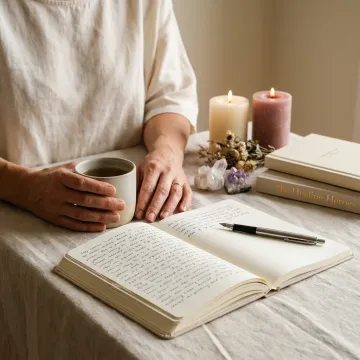 Woman journaling with candles and wellness tools