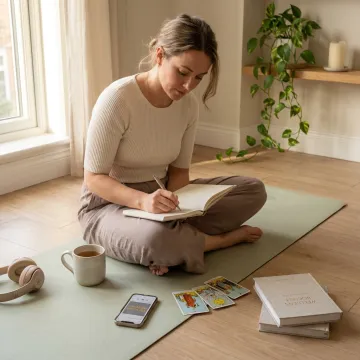 Woman exploring holistic wellness practices at home