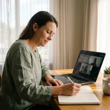 Woman journaling during virtual healing consultation