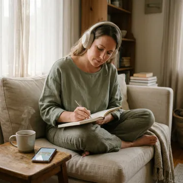 Woman reflecting with wellness journal and headphones