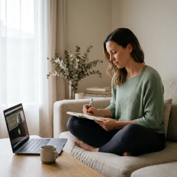Woman journaling during a virtual healing consultation