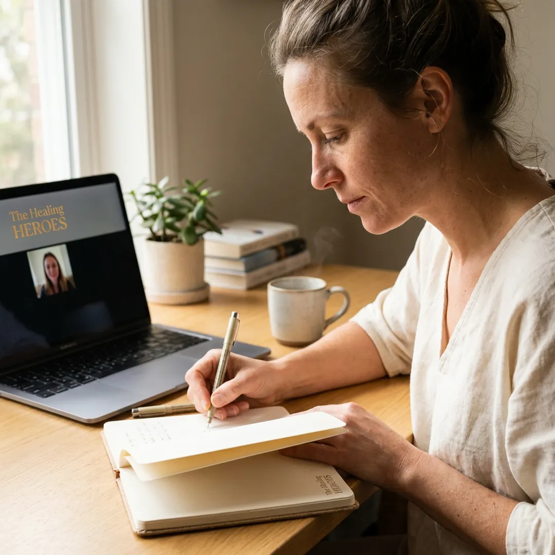 Woman journaling during a virtual wellness consultation