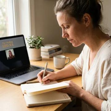 Woman journaling during a virtual wellness consultation