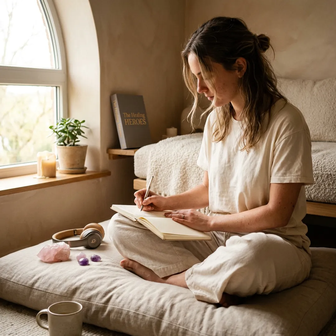 Woman journaling in a calming holistic healing space